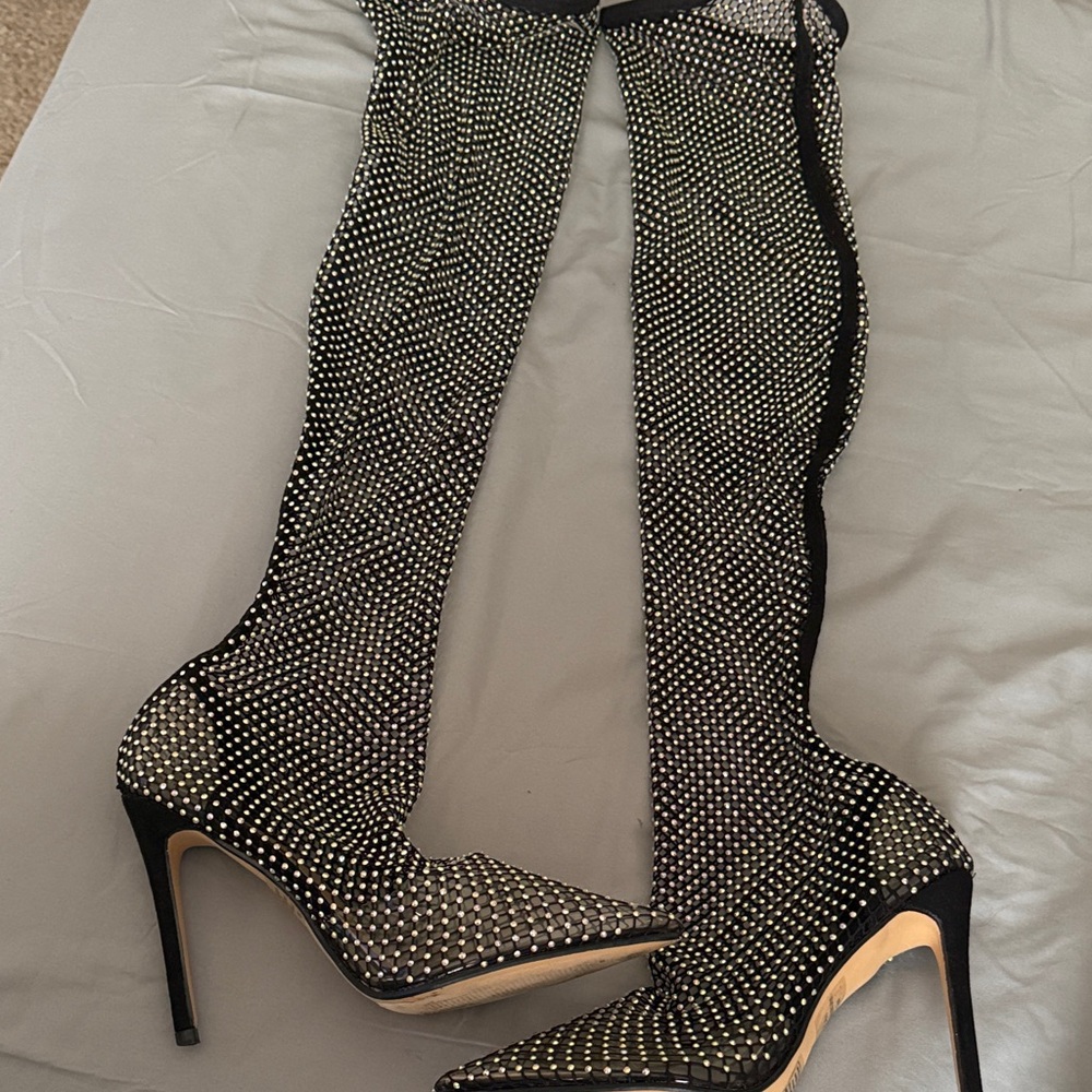 Elegant Black Rhinestone Over-the-Knee Boots/ Fashion icon heeled boots